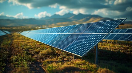  Solar panels in a field and on a roof under a clear blue sky