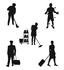 Janitor, cleaning lady, juggler, pilot, flight attendant, people silhouette, professions and hobbies