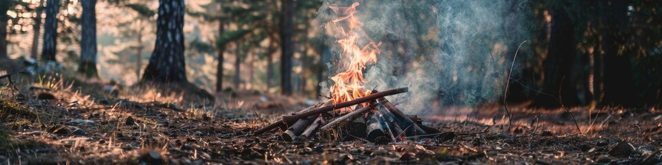 Bonfire of branches and sticks with rising smoke in forest surrounded by pine trees Perfect outdoor scene for camping and adventure Ideal for hiking trips or overnight stays in the woods