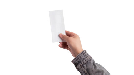 Hand holding receipt for shopping on transparent background 