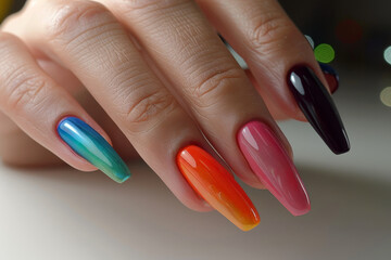 Detailed close-up of a hand with elegant nude gradient almond shaped nails.
