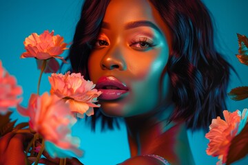 Naklejka premium Blue-background lesbian female, flag, and studio portrait with beauty, peace, and pride for inclusion. LGBTQ woman, student, or model protesting, promoting sexuality, or objectives.