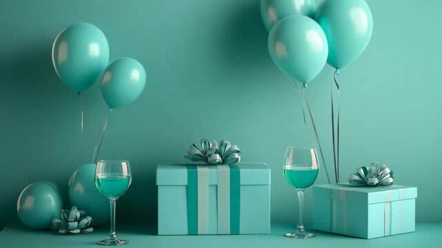 3d animation of a festive composition with turquoise gifts, glasses and balloons