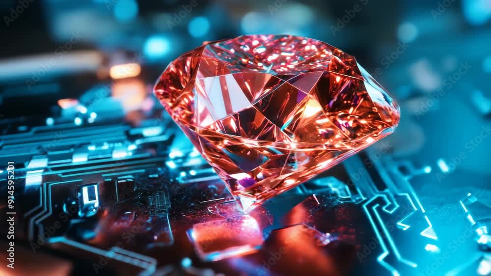Poster 3d animation of a shiny diamond on a technology background with colored lights