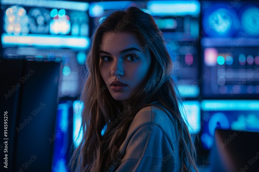 Poster portrait of serious face in neon house with cybersecurity ransomware, phishing, or coding innovation