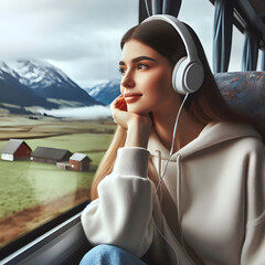 a young woman on the bus with headphones looking at the landscape through the window, generated by AI
