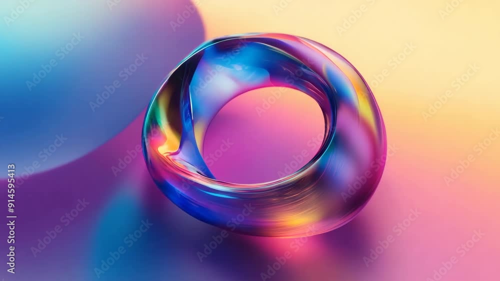 Poster 3d animation of a rainbow ring on an abstract background with colored highlights