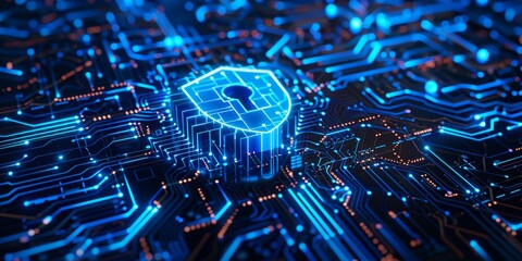 Cloud storage, AI, and coding require internet, lock, and cybersecurity. Ai algorithm, quantum computing, and programming backdrop blue, safe, and private connectivity