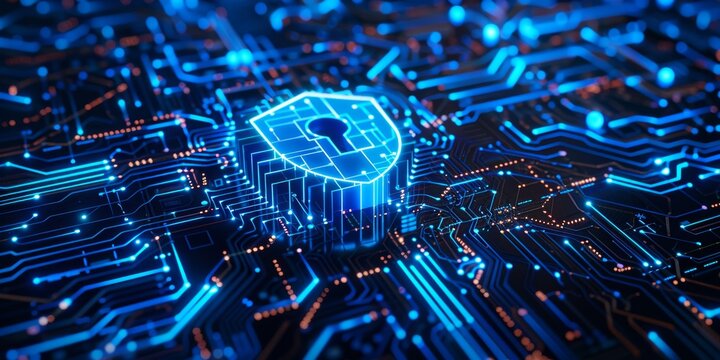 Cloud storage, AI, and coding require internet, lock, and cybersecurity. Ai algorithm, quantum computing, and programming backdrop blue, safe, and private connectivity