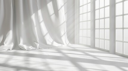 White studio backdrop for showcasing products with window shadows. Blurred background for product display.