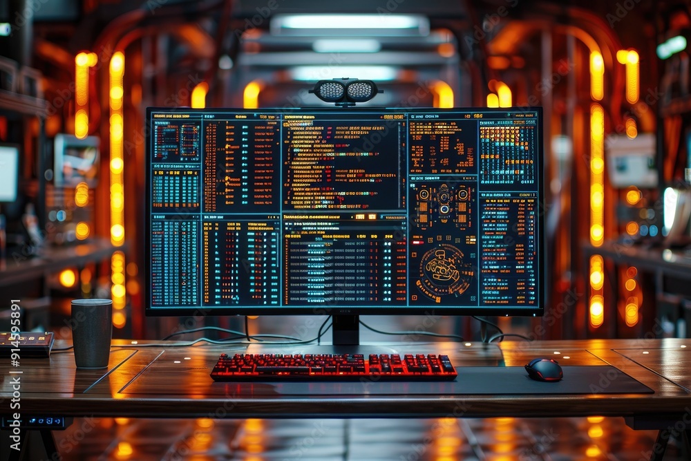 Poster futuristic tech interface display on a desk with a red keyboard and mouse