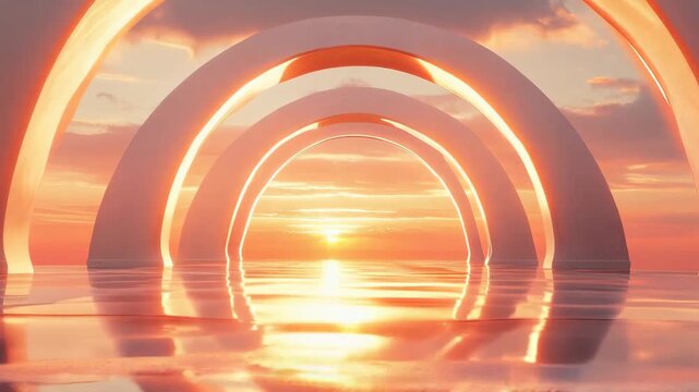 3d animation of arches at sunset with reflection in water, creating a futuristic landscape