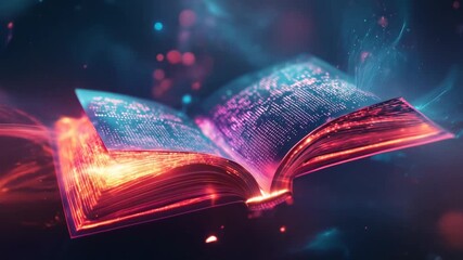 3d animation of a magic book with bright lighting effects and moving pages