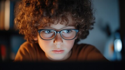 Young boy examines computer screen with curiosity