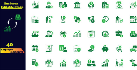 Editable line Employee Benefits outline icon set. Health insurance, bonus, social security, maternity rest, paid vacation, collection. Vector illustration.