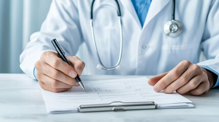 Physician filling out a health survey form, checking off answers during a consultation