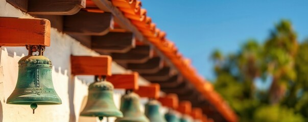 Spanish Mission architecture, bell towers, close up, California history, vibrant, manipulation, historic mission