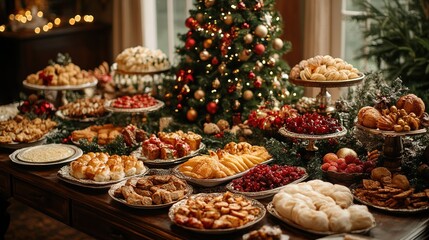 Fototapeta premium A festive display of assorted holiday desserts in front of a beautifully decorated Christmas tree.