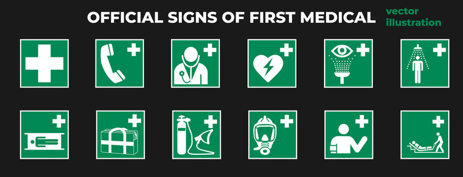 Official signs of first medical care. Vector illustration