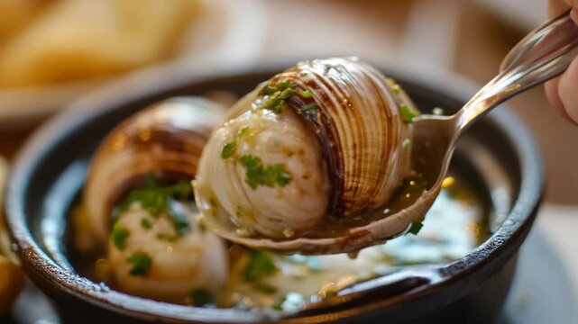 3d animation of a dish with snails on a plate with herbs and garlic sauce