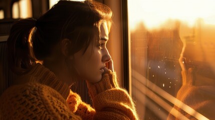 A young woman ponders life as she watches the sunset from her train seat