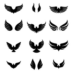 Vintage-Style Angel Wings and Bird Feather Vector Illustrations: Hand-Drawn Black & White Tattoo Designs