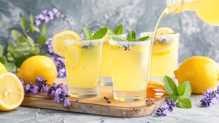   A pitcher of lemonade pouring into glasses with lemons and lavender on a cutting board