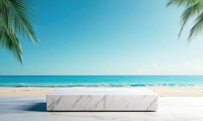 Marble Pedestals with Palm Trees and Ocean Background. Generative ai.