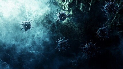Obraz premium Microscopic Cosmos: Virus Cells in Blue Abyss