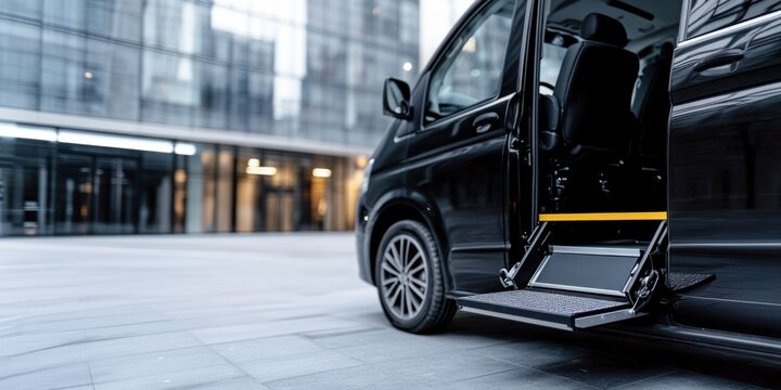Accessible Black Van with Wheelchair Ramp in Outdoor and Urban Settings. Generative ai.