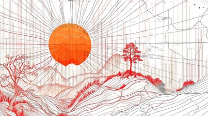   An image of a picturesque landscape with a solitary tree, majestic mountains, and a radiant sun at its center