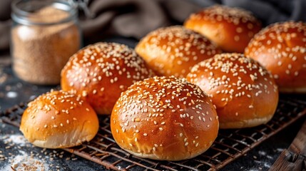   A group of buns sits atop a cooling rack adjacent to a salt container and a wooden spoon