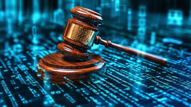 3d animation of a judge's gavel on a digital code background, symbolizing cyber law