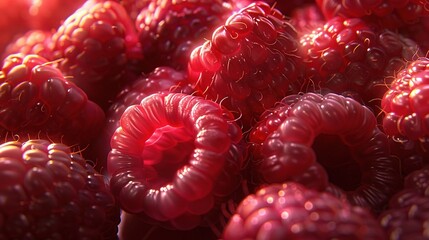    a cluster of juicy raspberries with water droplets glistening on their upper and lower surfaces