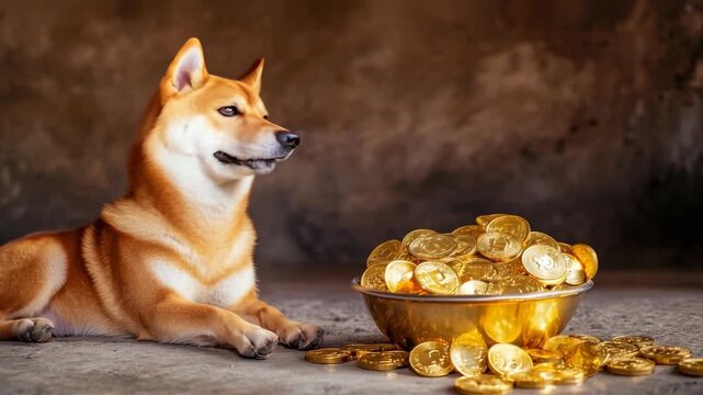 A 3D animation of a Shiba Inu dog sitting happily beside a bowl of gold coins