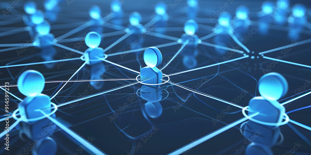 Poster abstract geometric background with many people icons. blue background visualizing social networks or