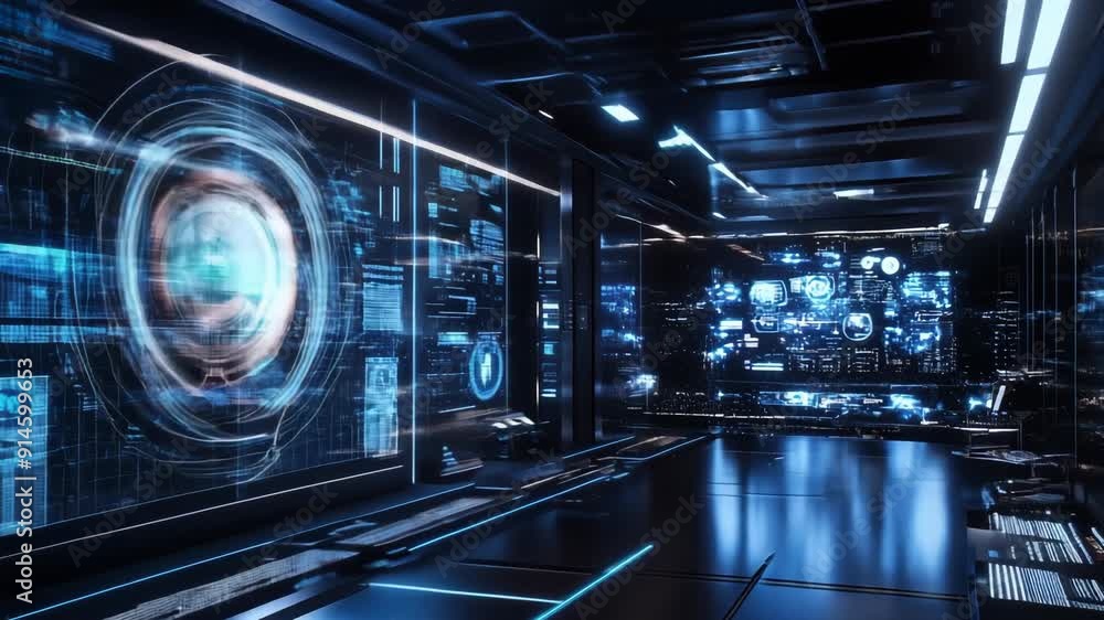 Poster 3d animation of a futuristic command center with blue holograms and screens