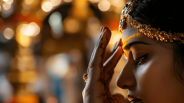 Hindu devotee applying tilak mark in decorated temple interior