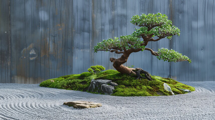 枯山水庭園と盆栽の静寂な風景