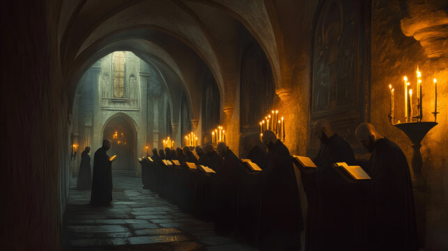 Gregorian monks chanting in monastery with candles glowing on stone walls