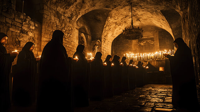Gregorian monks chanting in monastery with candles glowing on stone walls
