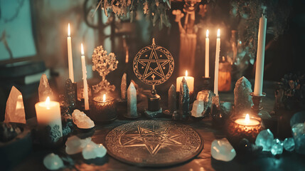 Wiccan altar with candles, crystals, and pentacle in mystical ambiance
