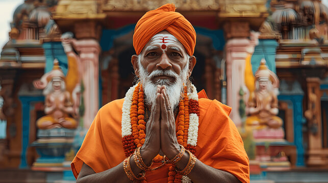 Hindu swami in orange robes with rudraksha beads offering blessing