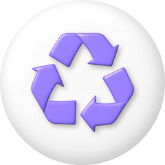 3d icon. Purple arrow recycle on white button. PNG illustration.
