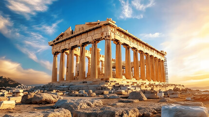 Obraz premium Majestic Parthenon on Acropolis of Athens with grand columns and ruins under bright blue sky