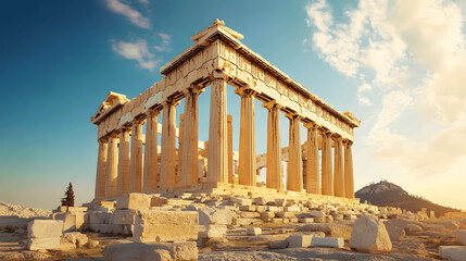 Obraz premium Majestic Parthenon on Acropolis of Athens with grand columns and ruins under bright blue sky