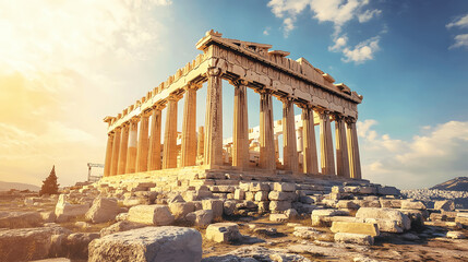 Fototapeta premium Majestic Parthenon on Acropolis of Athens with grand columns and ruins under bright blue sky