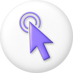 3d icon. Purple computer arrow cursor on white button. PNG illustration.