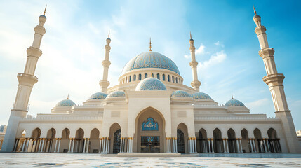 Fototapeta premium Majestic mosque with central dome and minarets, intricate patterns, under clear blue sky