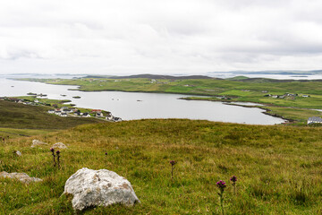 Looking south over Whiteness Voe and the surrounding houses from the Viewpoint over Whiteness, Shetland, Scotland, United Kingdom